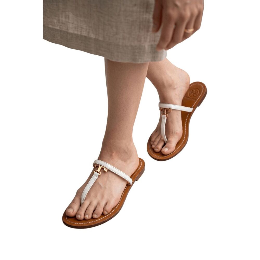 TORY BURCH T Logo White Leather T Strap Sandals Size 7.5